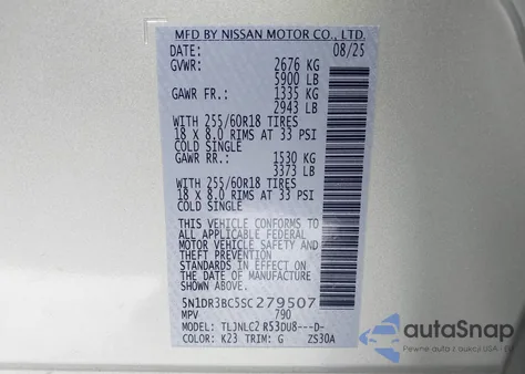 2025 Nissan Pathfinder Sv 4Wd z USA, uszkodzony, nr VIN 5N1DR3BC5SC279507